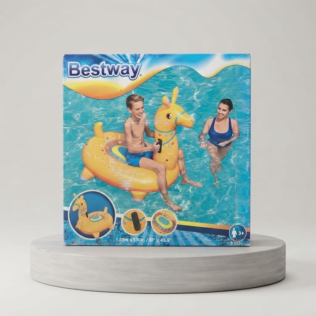 Bestway şişme lama binici havuz oyuncağı kutusu — havuzda sarı lama üzerinde çocuk